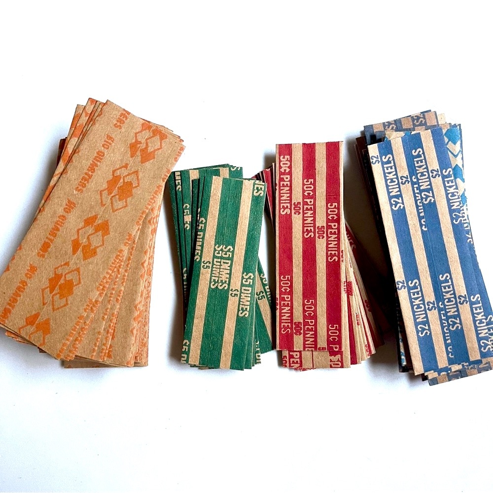 Coin Roll Wrappers in Assorted Colors & sizes.